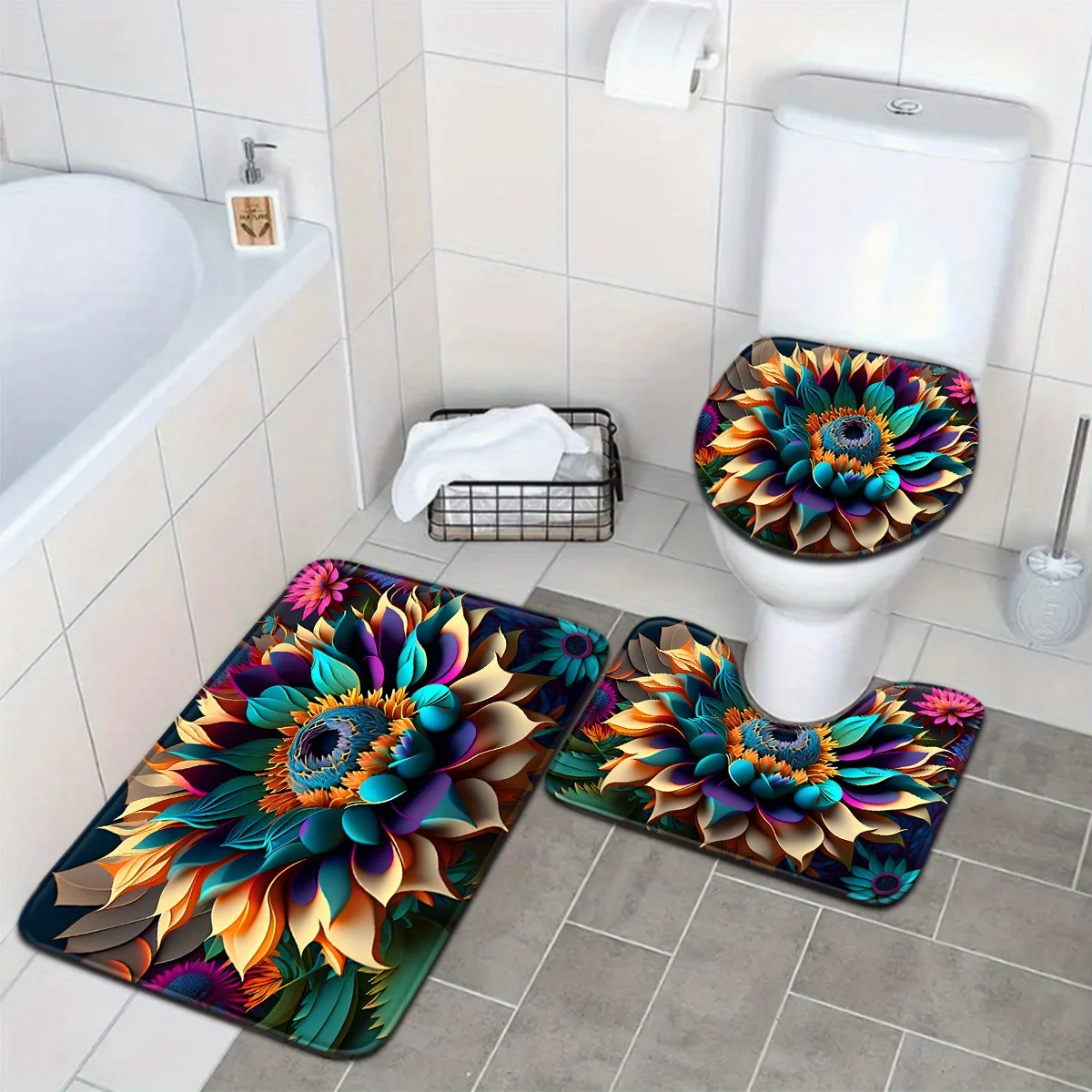 Набор ковриков для ванной из трех предметов с ярким цветочным узором, включает прямоугольный коврик для ванной, U-образный контурный коврик и чехол на сиденье унитаза.
Набор ковриков для ванной из трех предметов с ярким цветочным узором, включает прямоугольный коврик для ванной, U-образный контурный коврик и чехол на сиденье унитаза.