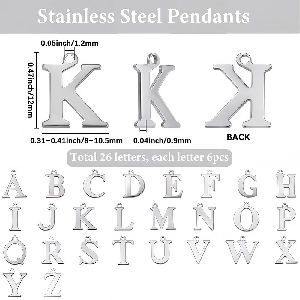 156Pcs 26 Styles Stainless Steel Pendants Letter A~Z Stainless Steel Color 12x8~10.5x0.9mm Hole: 1.2mm 6pcs/style
156Pcs 26 Styles Stainless Steel Pendants Letter A~Z Stainless Steel Color 12x8~10.5x0.9mm Hole: 1.2mm 6pcs/style