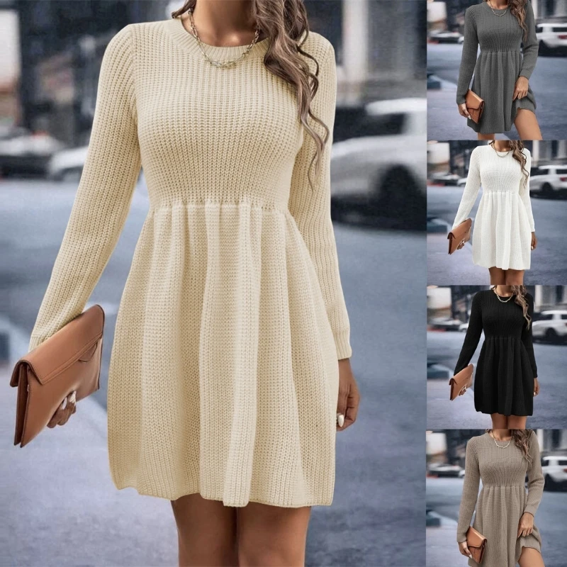 Womens O-Neck Long Sleeve Midi A-line Pencil Dress Lady Knitted Dress Round Neck Dress for Autumn Winter
Womens O-Neck Long Sleeve Midi A-line Pencil Dress Lady Knitted Dress Round Neck Dress for Autumn Winter
