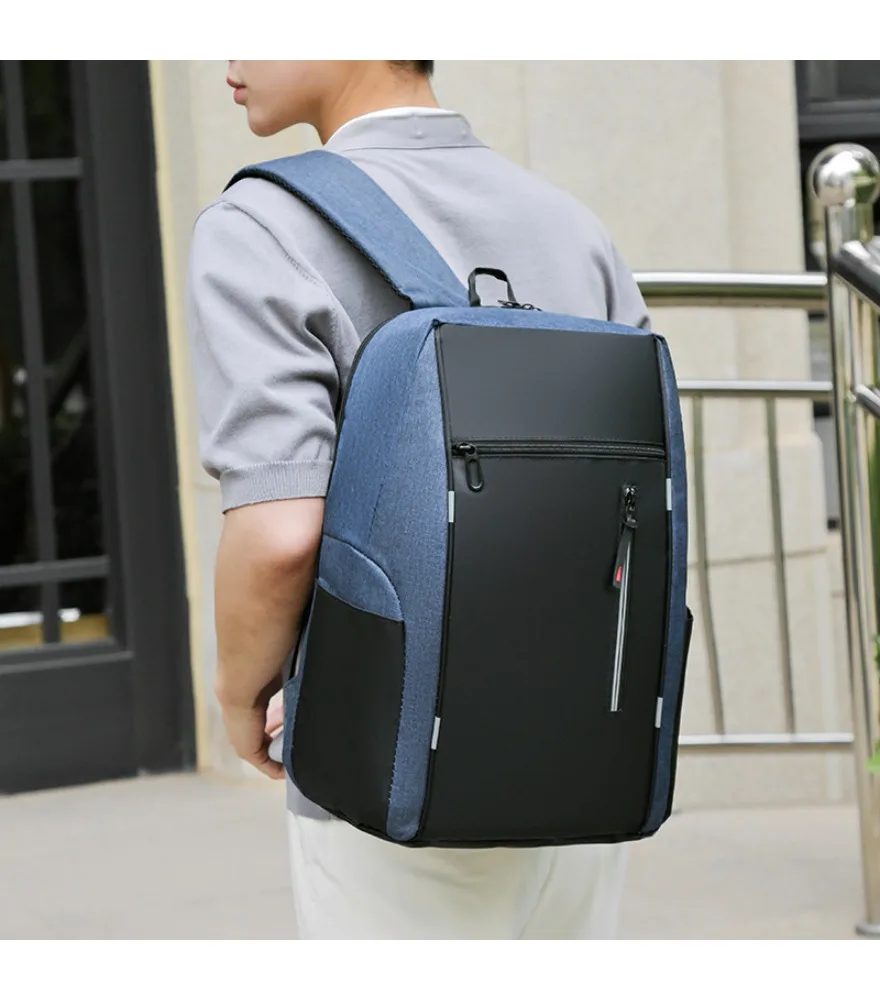 Blue black color block backpack with double vertical front zippers anti splash reflective trim detail for casual daily shopping
Blue black color block backpack with double vertical front zippers anti splash reflective trim detail for casual daily shopping