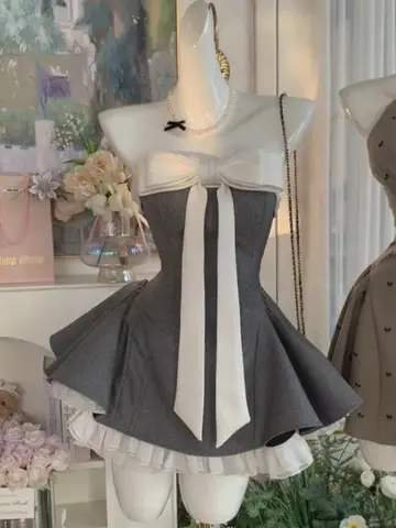 French Vintage Elegant Woman New Dress Strapless Bow Patchwork High Waist Puffy Mini Dress Female French Chic Sexy Outfits 2025