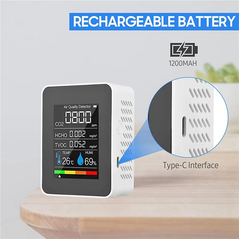A96I-5X 5 In 1 Air Quality Monitor TVOC HCHO Temperature Humidity CO2 Meter, USB Rechargeable CO2 Detector White
A96I-5X 5 In 1 Air Quality Monitor TVOC HCHO Temperature Humidity CO2 Meter, USB Rechargeable CO2 Detector White