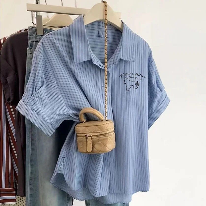 Loose Fit Blue Striped Shirt Short Sleeve Women's Top Summer Style Slimming T-Shirt Korean Version Commute Style
Loose Fit Blue Striped Shirt Short Sleeve Women's Top Summer Style Slimming T-Shirt Korean Version Commute Style