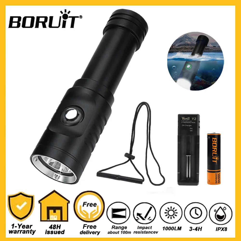 BORUiT Powerful Diving Flashlight LED 1000LM Super Professional Underwater Torch Using 18650 IPX8 Waterproof Lamp With hand rope
BORUiT Powerful Diving Flashlight LED 1000LM Super Professional Underwater Torch Using 18650 IPX8 Waterproof Lamp With hand rope