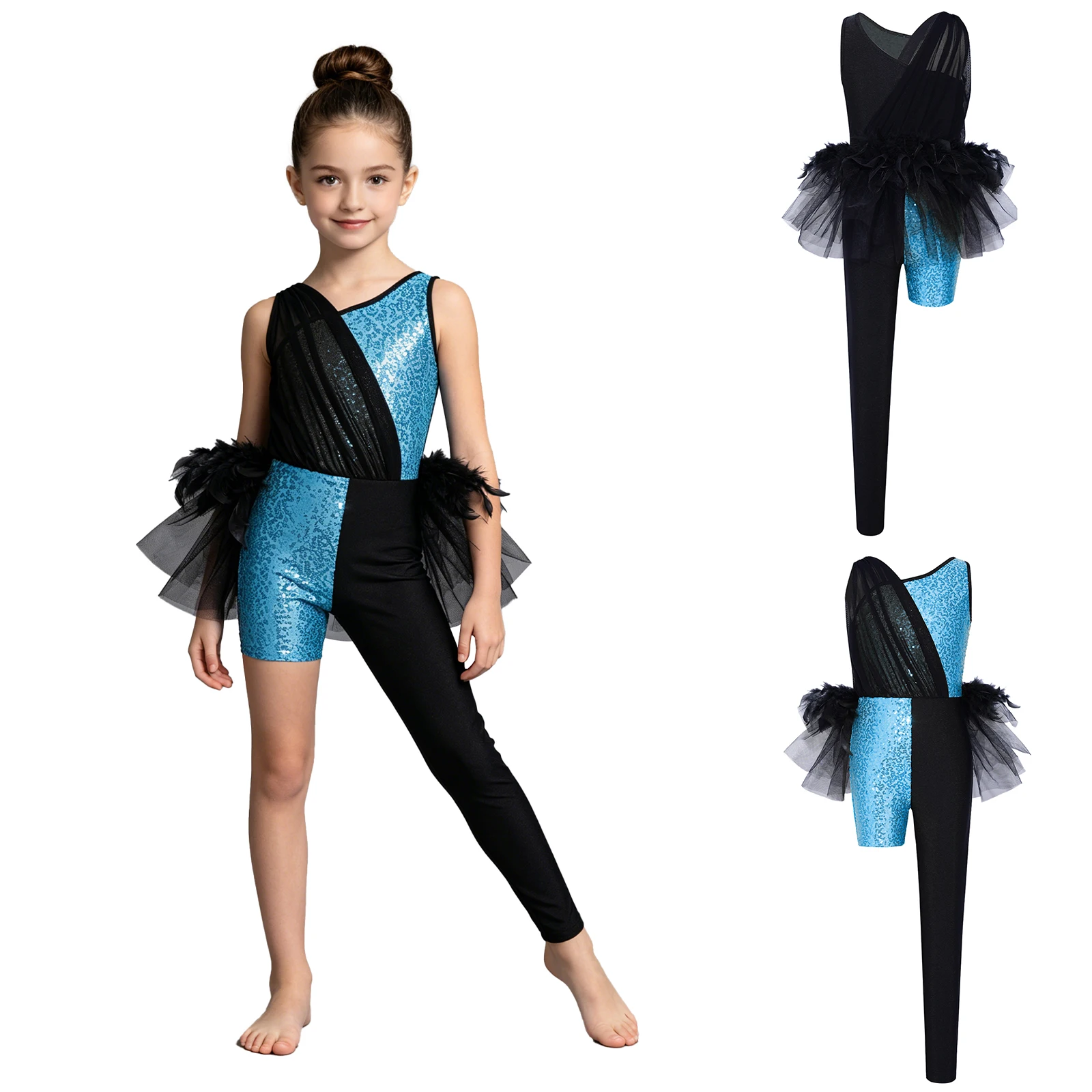 Girls Performance Jazz Bodysuit Color Block Sequins Asymmetrical Leotard Jumpsuit with Feather Tulle Skirt Latin Dance Outfit
Girls Performance Jazz Bodysuit Color Block Sequins Asymmetrical Leotard Jumpsuit with Feather Tulle Skirt Latin Dance Outfit