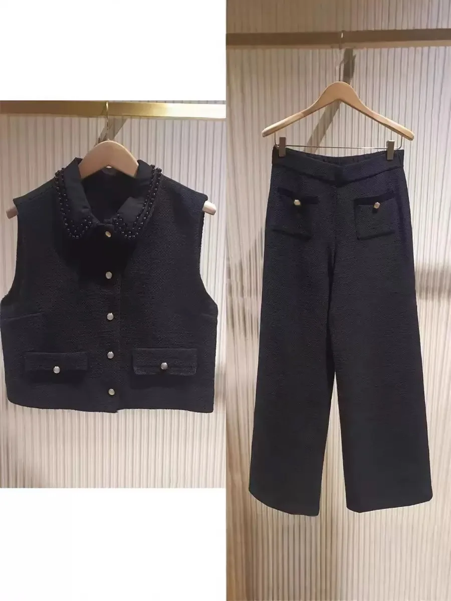 Heavy Embellied Detachable Collar Bla Tweed Vest Wide Leg Pants Autumn New Arrival Women's Faion Commute Sle
Heavy Embellied Detachable Collar Bla Tweed Vest Wide Leg Pants Autumn New Arrival Women's Faion Commute Sle