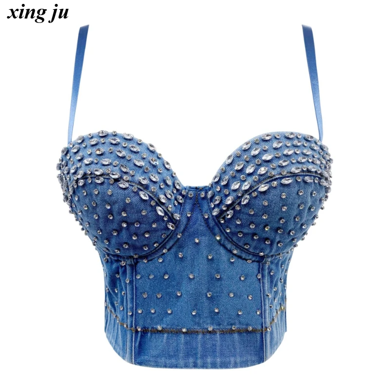 Xing Ju Nightclub DJ Sexy Strapless Diamond Crop Tops Fashion Fishbone Corset Rhinestone Denim Vest Women Jazz Dance Stage Wear
Xing Ju Nightclub DJ Sexy Strapless Diamond Crop Tops Fashion Fishbone Corset Rhinestone Denim Vest Women Jazz Dance Stage Wear