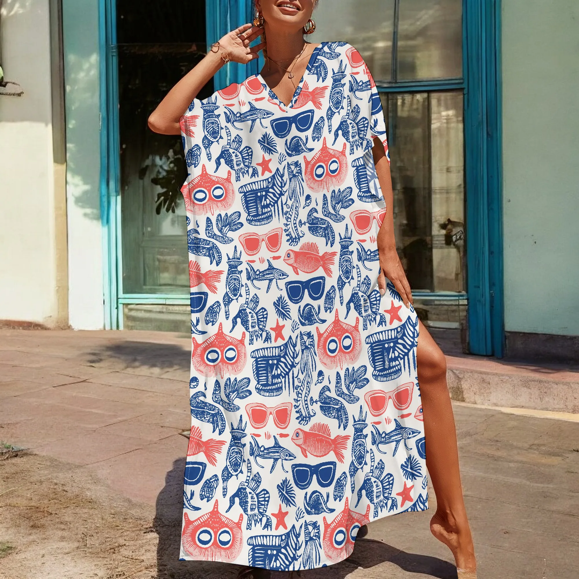 Ocean-Inspired Kaftan Dress S-3XL – Cute Fish and Sunglasses Print V-Neck Loose Summer Dress for Vacation or Beach
Ocean-Inspired Kaftan Dress S-3XL – Cute Fish and Sunglasses Print V-Neck Loose Summer Dress for Vacation or Beach