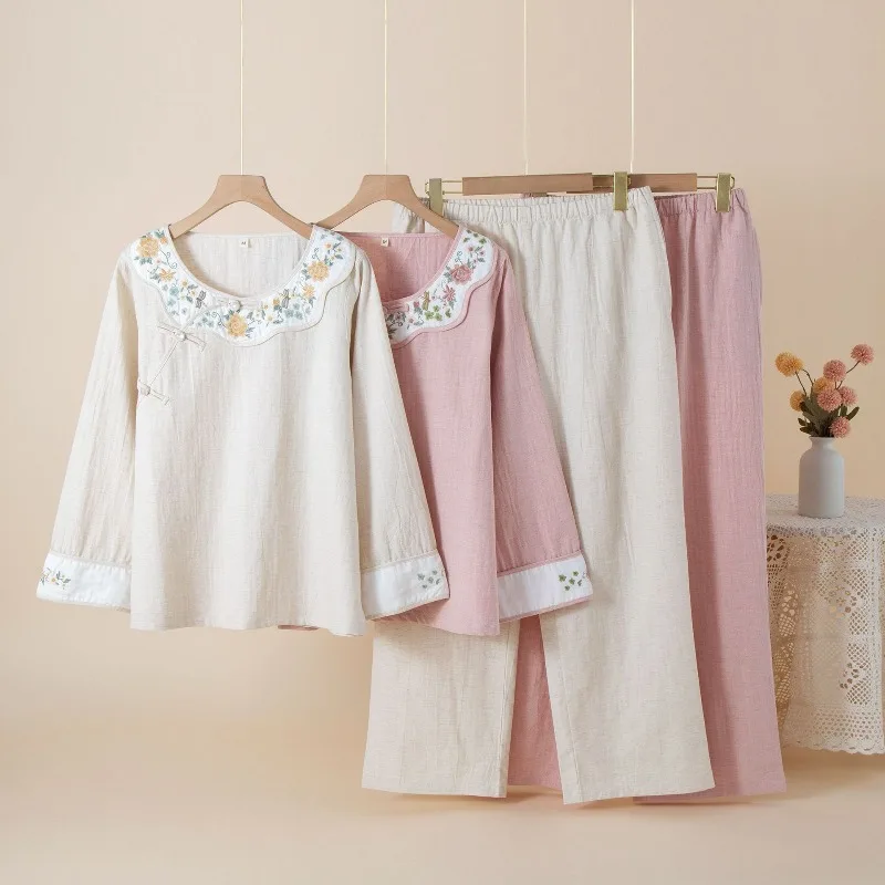 New Chinese-style Embroidered Cotton Linen Pajamas Women Summer Thin Long-sleeved Long Pants Can Be Worn Outside Home Wear Set
New Chinese-style Embroidered Cotton Linen Pajamas Women Summer Thin Long-sleeved Long Pants Can Be Worn Outside Home Wear Set