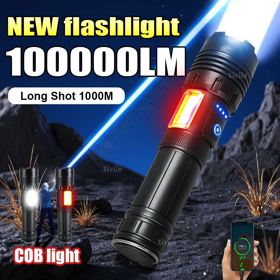 100000LM Strong Light LED Flashlight COB Light Rechargeable Lamp Powerful Torch Built-in Battery Super Bright Lantern Fishing
100000LM Strong Light LED Flashlight COB Light Rechargeable Lamp Powerful Torch Built-in Battery Super Bright Lantern Fishing