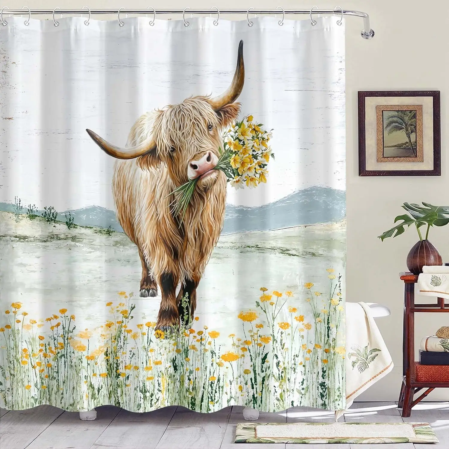 Highland Cow with Yellow Flowers Shower Curtain Rustic Farm Animal Print for Bathroom
Highland Cow with Yellow Flowers Shower Curtain Rustic Farm Animal Print for Bathroom