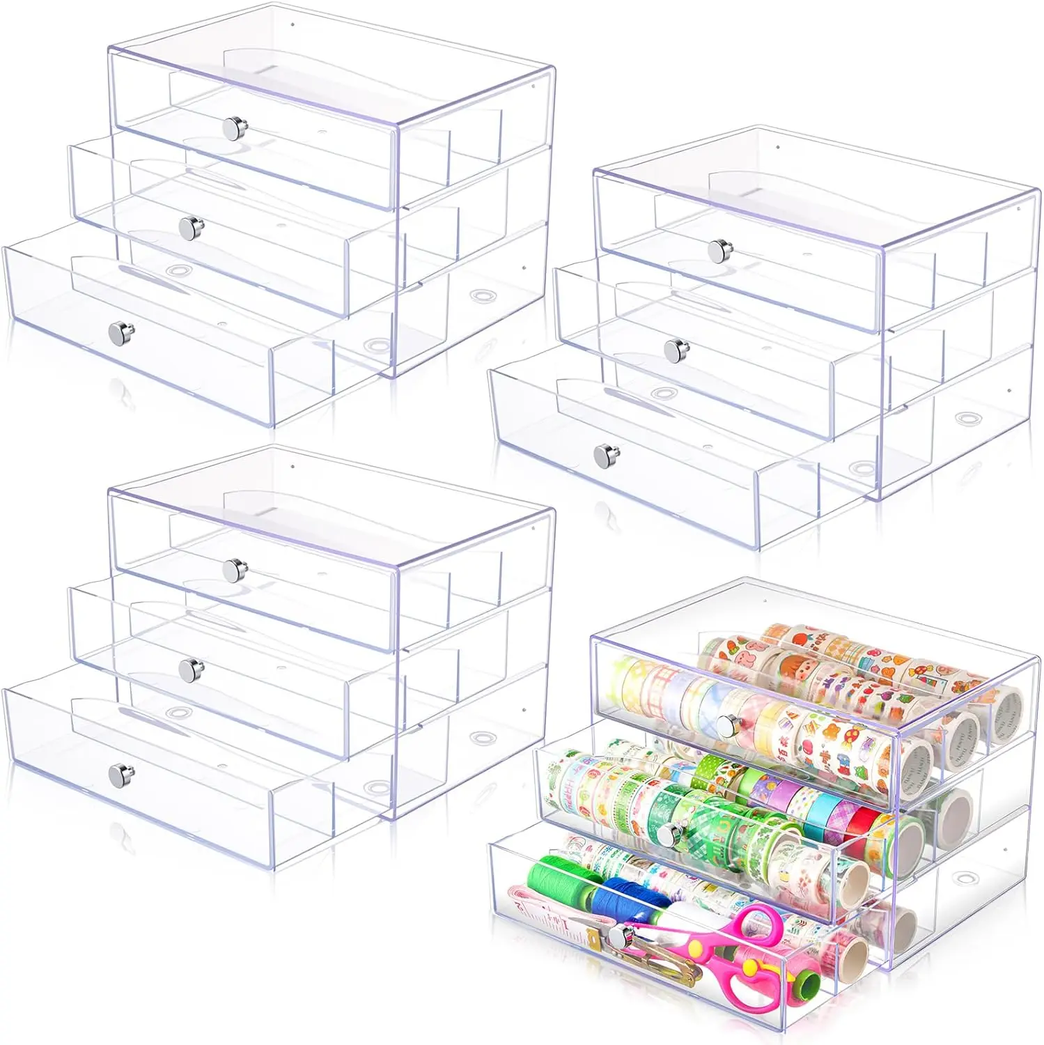 4 Pack 3 Drawer Washi Tape Organizer, Large Capacity Clear Plastic Storage Box for Art Craft Embellishments Jewelry Makeup
4 Pack 3 Drawer Washi Tape Organizer, Large Capacity Clear Plastic Storage Box for Art Craft Embellishments Jewelry Makeup