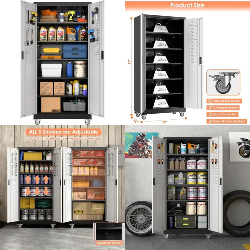 Металлический шкаф для хранения на колесах, высота 71 x 32 Ширина x 16, 5 регулируемых полок и 4 крючками, стальное хранилище для гаража Solut
Металлический шкаф для хранения на колесах, высота 71 x 32 Ширина x 16, 5 регулируемых полок и 4 крючками, стальное хранилище для гаража Solut