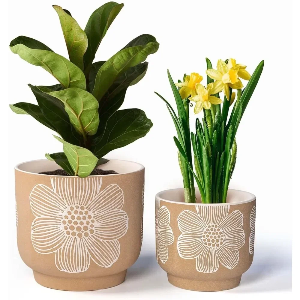8 Inch + 6 Inch White Flower Pattern Plant Pots, Sand Glazed Ceramic Planter with Drainage Hole, Flower Pots for Indoor Plants 
8 Inch + 6 Inch White Flower Pattern Plant Pots, Sand Glazed Ceramic Planter with Drainage Hole, Flower Pots for Indoor Plants