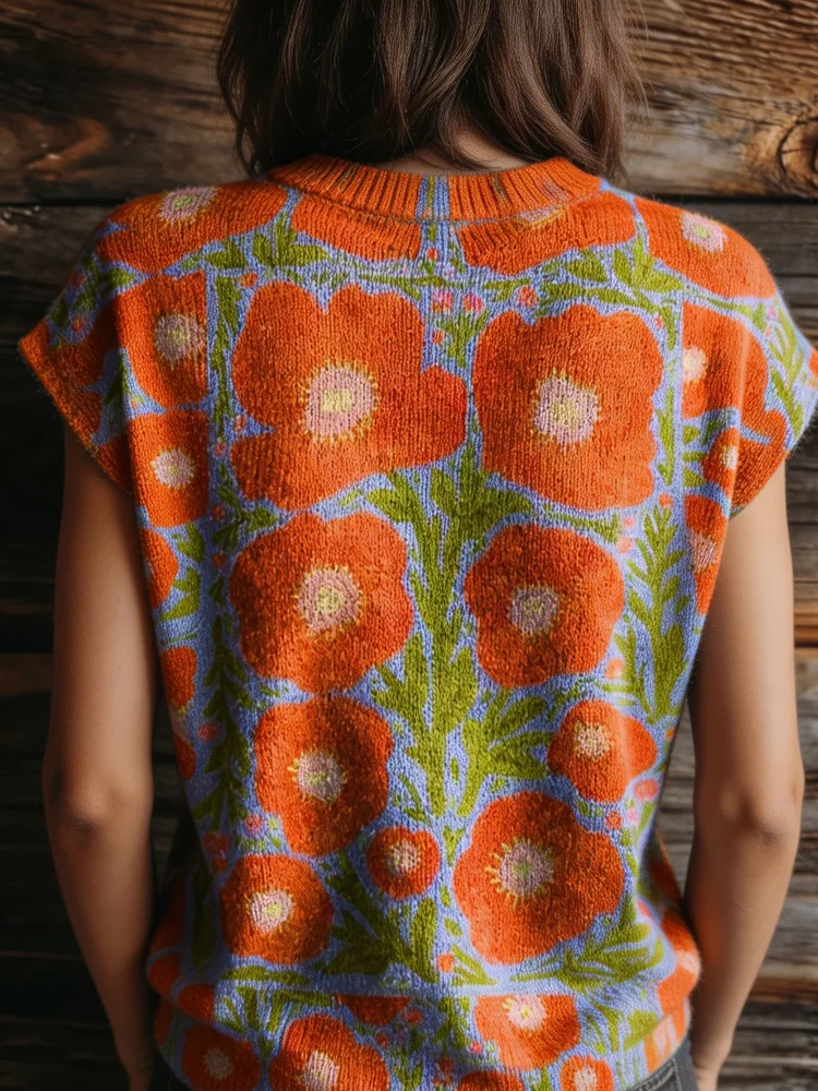 Women's Retro Poppy Flower Jacquard Knit Top, Casual Loose Short Sleeve Round Neck Knitted Blouse, Boho Floral Print Pullover Sweater Vest for Spring Summer Fall 7 S1dd4e5a3bbbf47bfa07cb9f410424e138