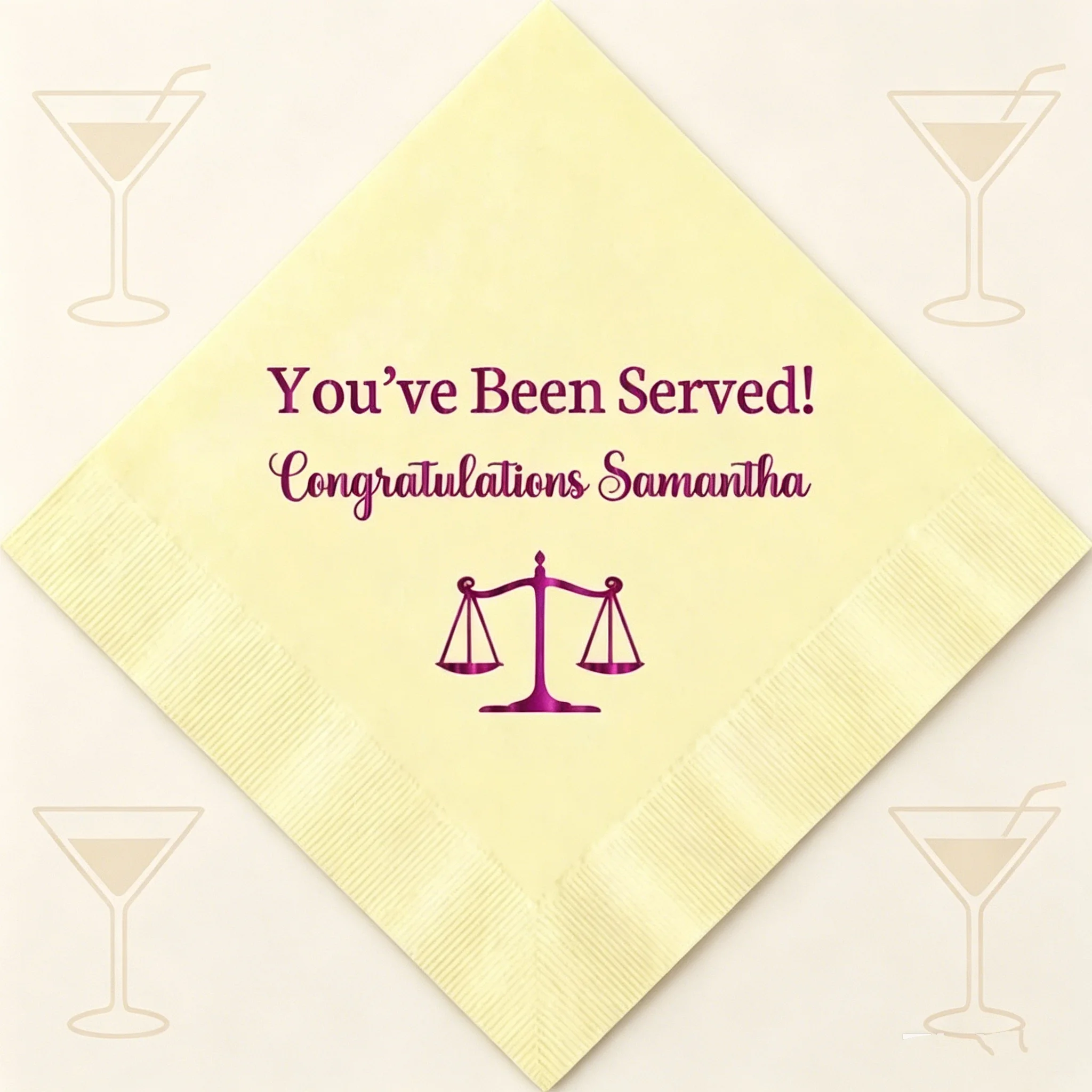 50pcs Personalized Lawyer Graduation Napkins - Custom "You've Been Served" Printed Cocktail Napkins with Name, Disposable Paper
50pcs Personalized Lawyer Graduation Napkins - Custom "You've Been Served" Printed Cocktail Napkins with Name, Disposable Paper