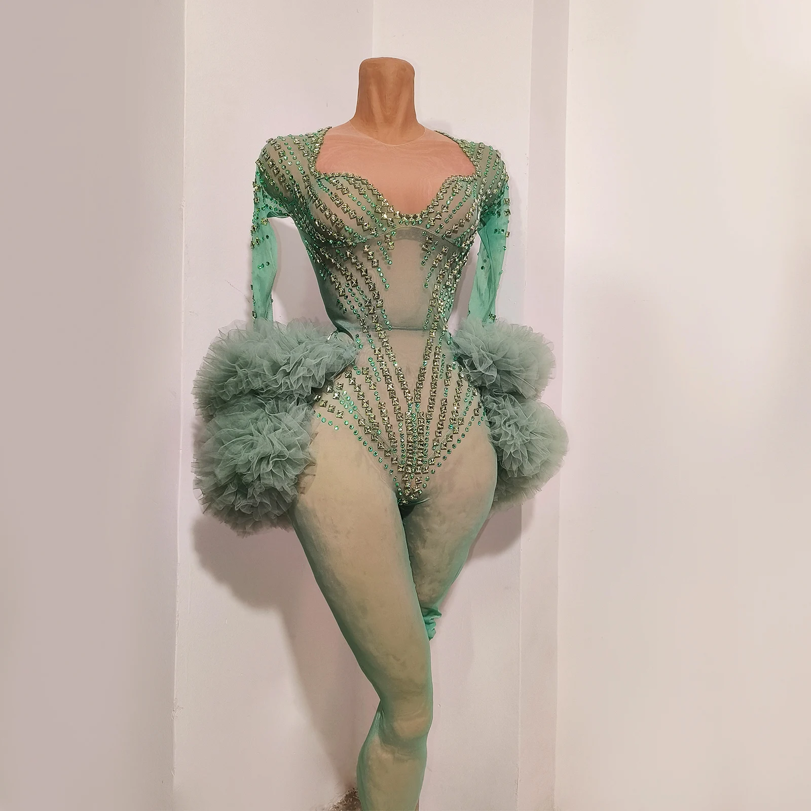 Women Sexy Long Sleeve Mint Green Sheer Mesh Bodycon Bodysuit Sparkly Rhinestone 3D Tulle Flower Birthday Nightclub Costume
Women Sexy Long Sleeve Mint Green Sheer Mesh Bodycon Bodysuit Sparkly Rhinestone 3D Tulle Flower Birthday Nightclub Costume
