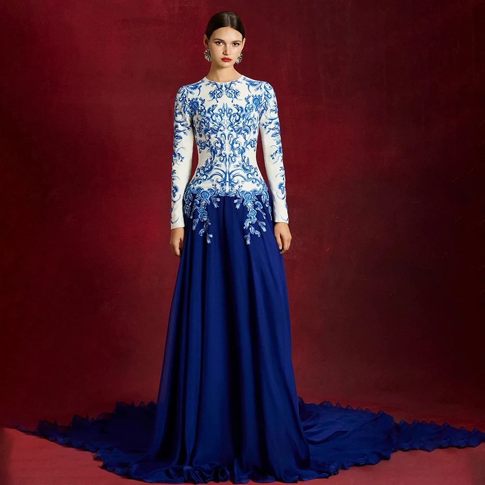 Exquisite Appliques Long Sleeves A-line Floor Length Prom Gowns Women's O-neck Back Zipper Celebrity Dress Gowns Customized
Exquisite Appliques Long Sleeves A-line Floor Length Prom Gowns Women's O-neck Back Zipper Celebrity Dress Gowns Customized