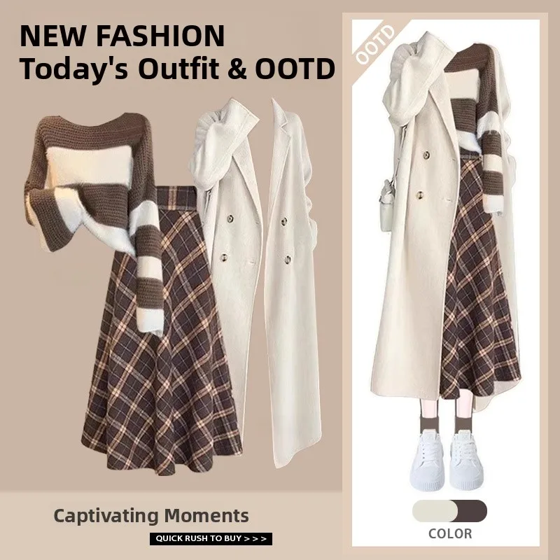 Winter Faion Women's Tee-Piece Set Striped Sweater Coat Plaid Skirt Contrast Color Outerwear Long Sve Top
Winter Faion Women's Tee-Piece Set Striped Sweater Coat Plaid Skirt Contrast Color Outerwear Long Sve Top