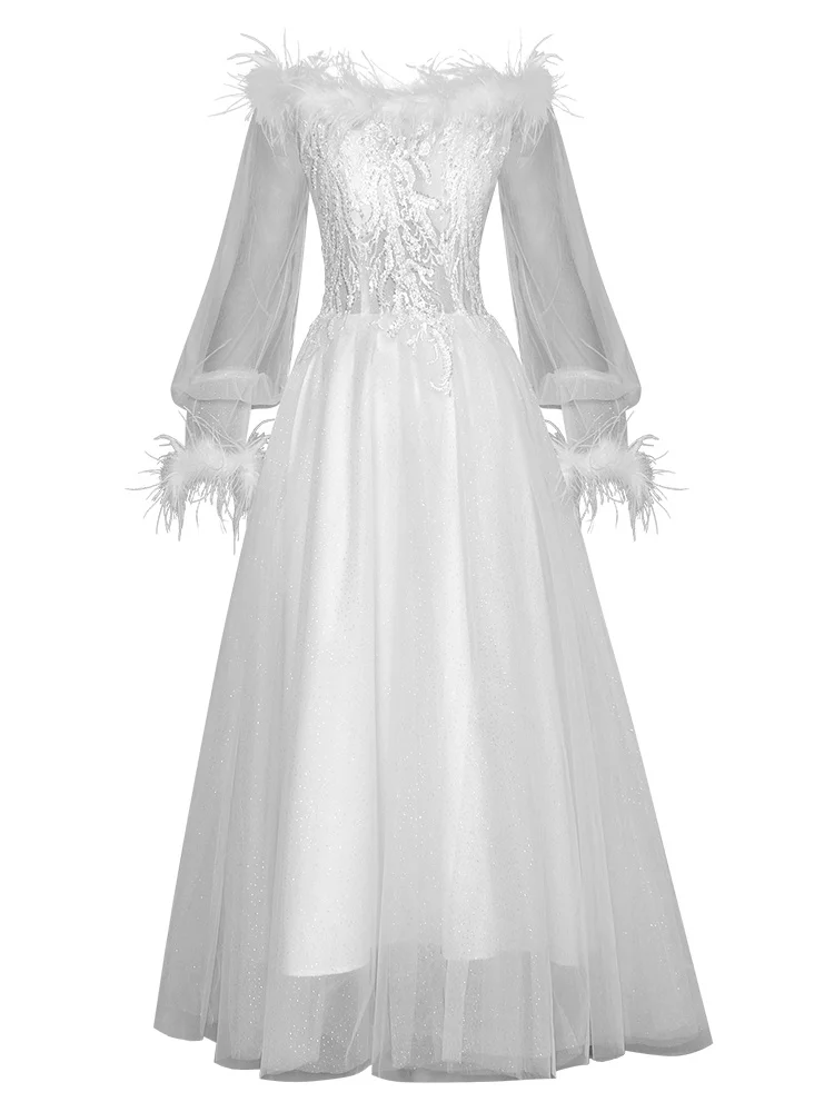 Fashion Runway Autumn Winter Women Dress Lantern Sleeve Luxury Beading Sequins Elegant White Mesh Party Dresses
Fashion Runway Autumn Winter Women Dress Lantern Sleeve Luxury Beading Sequins Elegant White Mesh Party Dresses