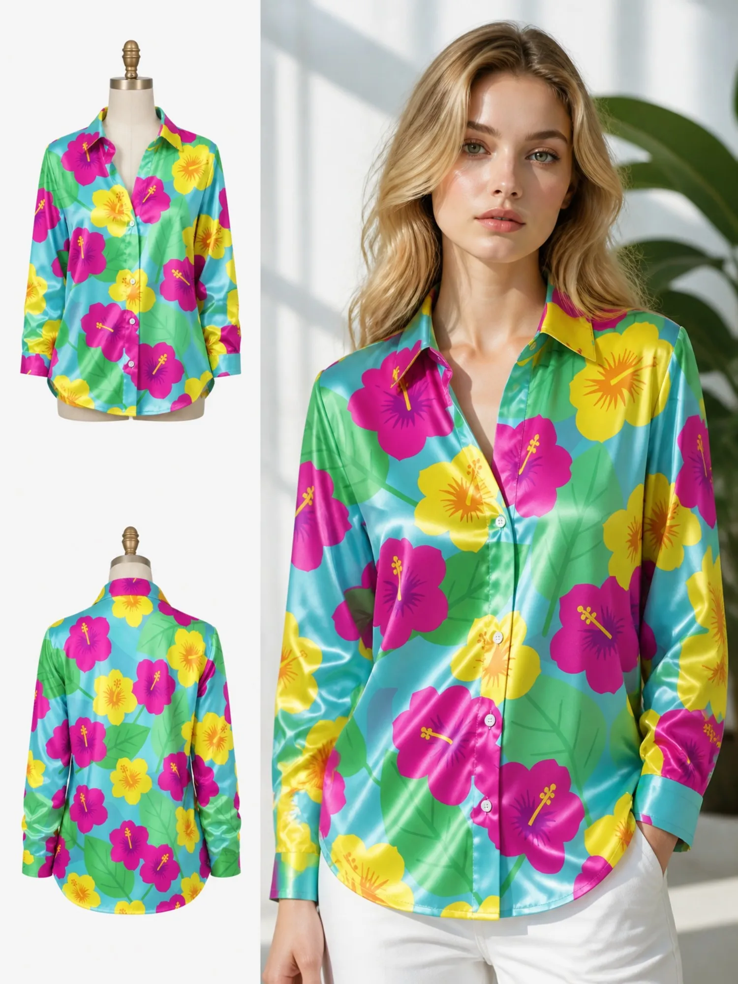 Turquoise Hibiscus Satin Button Shirt for Women Pink Yellow Tropical Floral Print Long Sleeve Blouse Summer Vacation Top
Turquoise Hibiscus Satin Button Shirt for Women Pink Yellow Tropical Floral Print Long Sleeve Blouse Summer Vacation Top