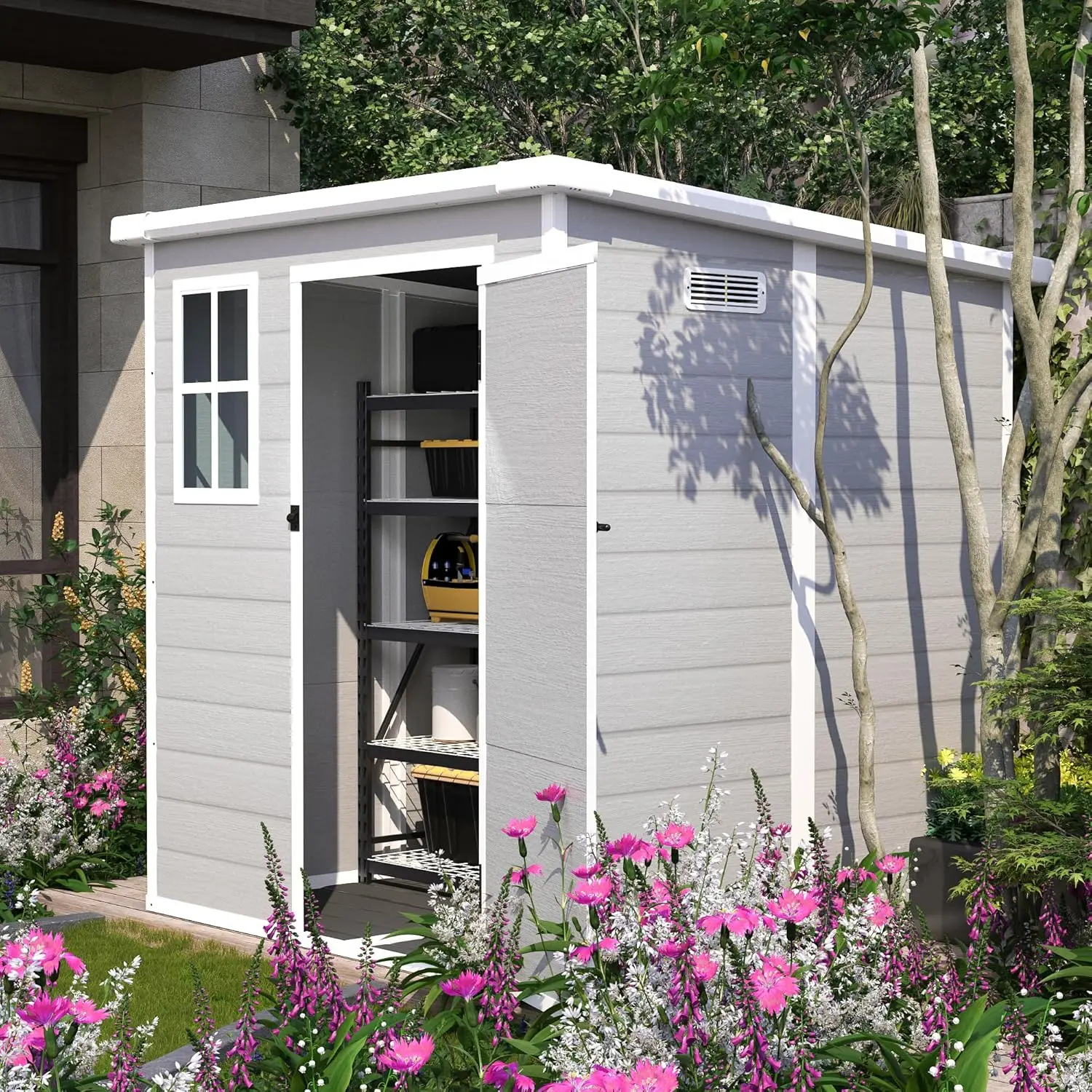 Resin Storage Shed 6x6ft, Outdoor Storage Sheds with Floor, Window, Lockable Doors and Vents, Tool Shed for Bike,, Customized
Resin Storage Shed 6x6ft, Outdoor Storage Sheds with Floor, Window, Lockable Doors and Vents, Tool Shed for Bike,, Customized