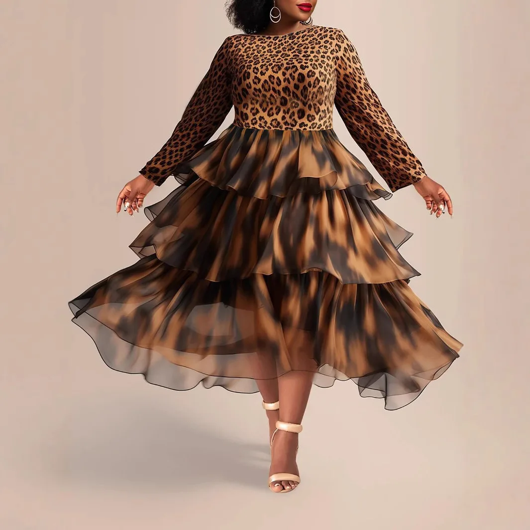 Spring and Autumn Women's Fashion Elegant Leopard Print Cake Skirt Large Long Sleeve Dress
Spring and Autumn Women's Fashion Elegant Leopard Print Cake Skirt Large Long Sleeve Dress