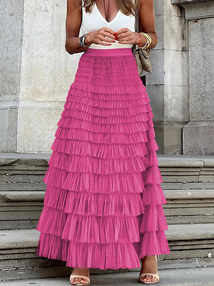 Elegant Long Skirt Women Summer Fashion Layered Ruffles Cake Skirts Ladies Mesh Maxi Pleated Skirt Female Solid Color Faldas
Elegant Long Skirt Women Summer Fashion Layered Ruffles Cake Skirts Ladies Mesh Maxi Pleated Skirt Female Solid Color Faldas