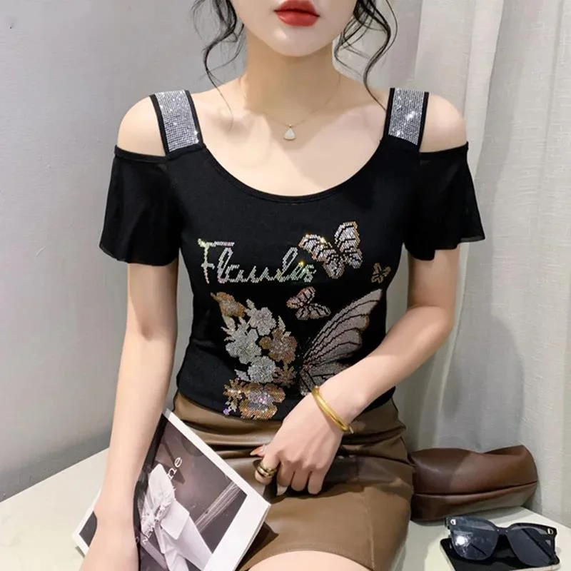 Ice Silk Mesh Short Sleeves 2024 Diamond Inlaid Double Layered Summer Women Fashion Off Shoulder Top One Line Neck Short Sleeves
Ice Silk Mesh Short Sleeves 2024 Diamond Inlaid Double Layered Summer Women Fashion Off Shoulder Top One Line Neck Short Sleeves