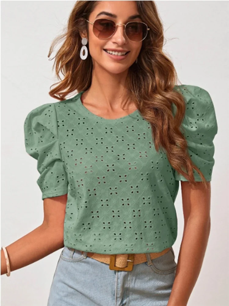 Hollow Out Round Neck Bubble Short Sleeved Solid Color Casual Women's Shirt High Street Fashion Fresh Sweet Style Summer Top
Hollow Out Round Neck Bubble Short Sleeved Solid Color Casual Women's Shirt High Street Fashion Fresh Sweet Style Summer Top