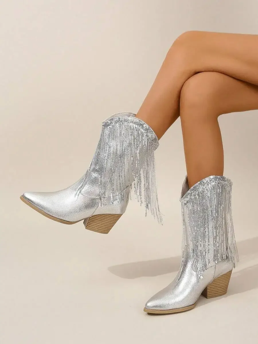Womens Silver Metallic Fringe Western Cowboy Boots Pointed Toe Mid-Calf Block Heel
Womens Silver Metallic Fringe Western Cowboy Boots Pointed Toe Mid-Calf Block Heel