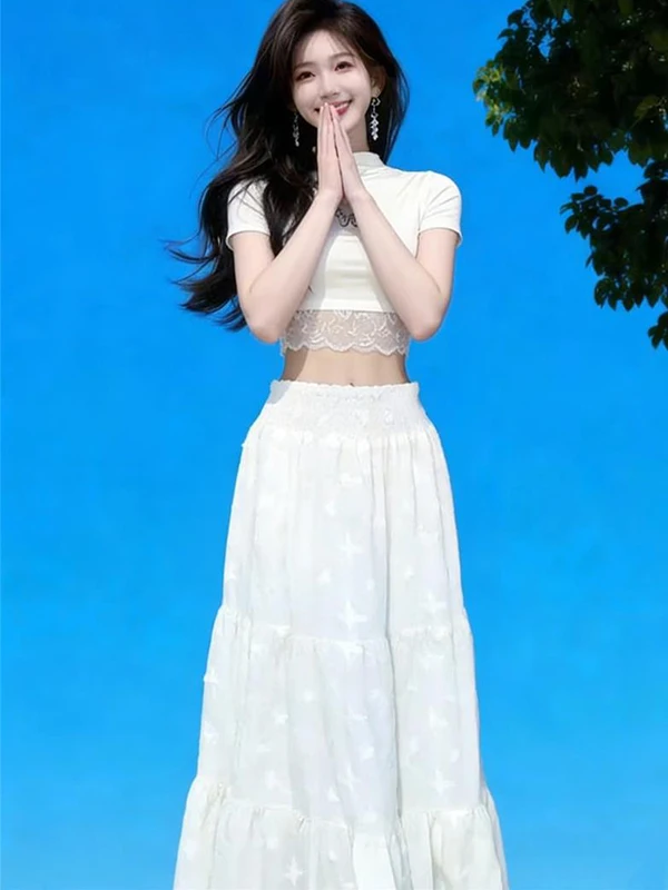 Fashionable Lace Splice Short Sleeve T-Shirt And High Waist Skirt Two-Piece Set for Women Elegant Spring Summer Outfit
Fashionable Lace Splice Short Sleeve T-Shirt And High Waist Skirt Two-Piece Set for Women Elegant Spring Summer Outfit