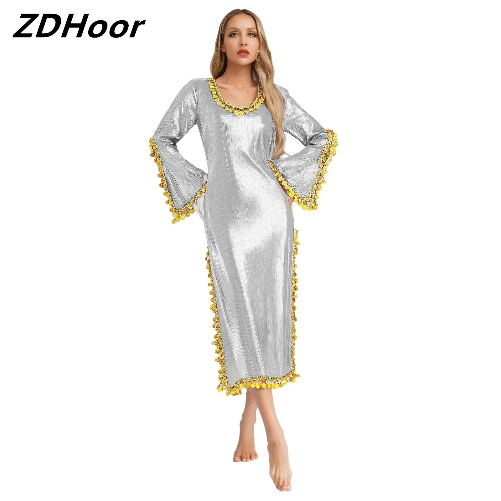 Women Belly Dance Dress Shiny Sequins Trim Sides Split Flared Sleeves Shimmery Dress for Performance Costume
Women Belly Dance Dress Shiny Sequins Trim Sides Split Flared Sleeves Shimmery Dress for Performance Costume