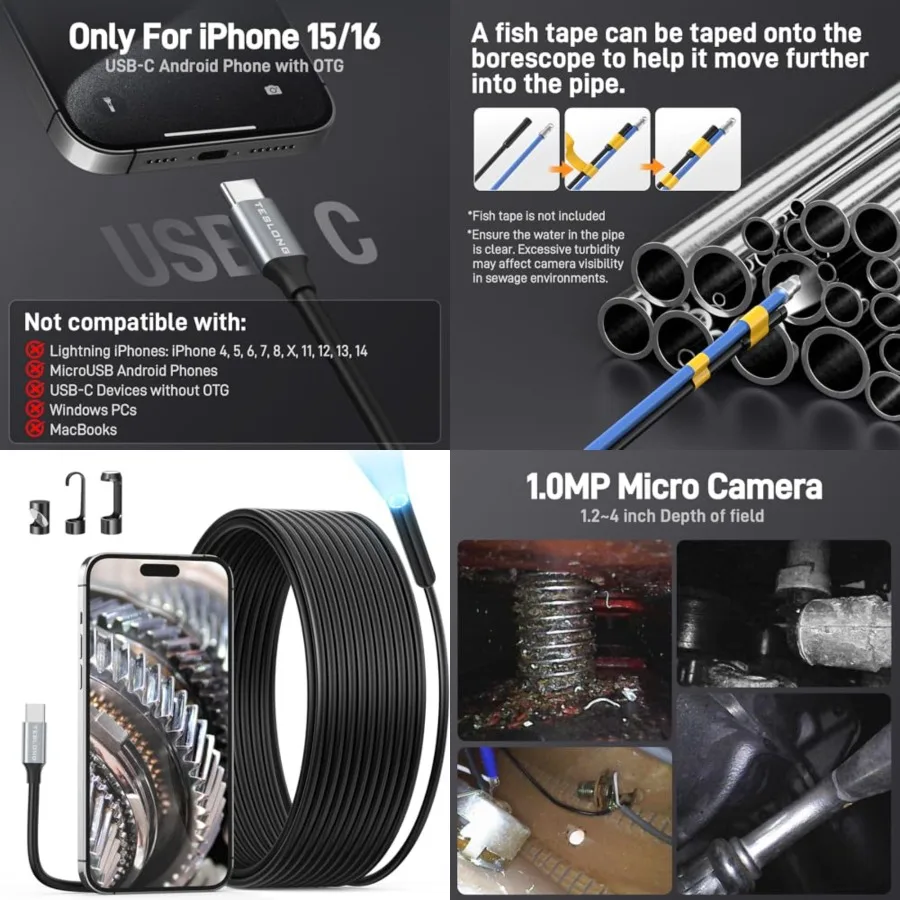 50Feet USB-C Borescope Inspection Camera with Light, Flexible Waterproof Endoscope Snake Cable, Compatible Only with iPhone 15/
50Feet USB-C Borescope Inspection Camera with Light, Flexible Waterproof Endoscope Snake Cable, Compatible Only with iPhone 15/