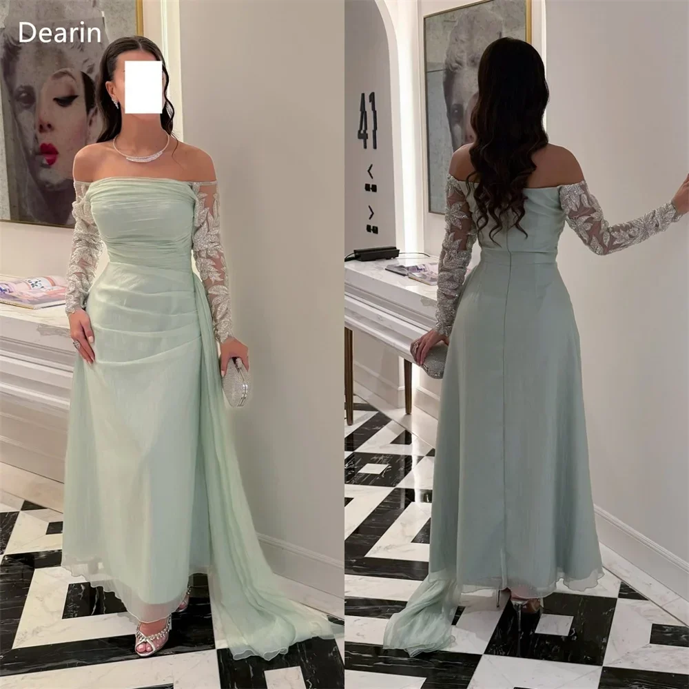 Customized Evening Gown Dearin Off-the-shoulder A-line Floor Length Skirts Draped Tulle Applique Print Bespoke Occasion Dresses
Customized Evening Gown Dearin Off-the-shoulder A-line Floor Length Skirts Draped Tulle Applique Print Bespoke Occasion Dresses