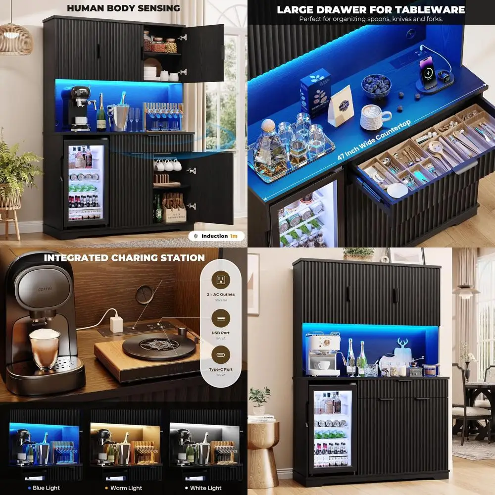 69 Pantry Cabinet with Ridge, LED-lit Coffee Bar with Outlets, Tall Wine Storage Cabinet for Living and Dining Rooms in Black
69 Pantry Cabinet with Ridge, LED-lit Coffee Bar with Outlets, Tall Wine Storage Cabinet for Living and Dining Rooms in Black