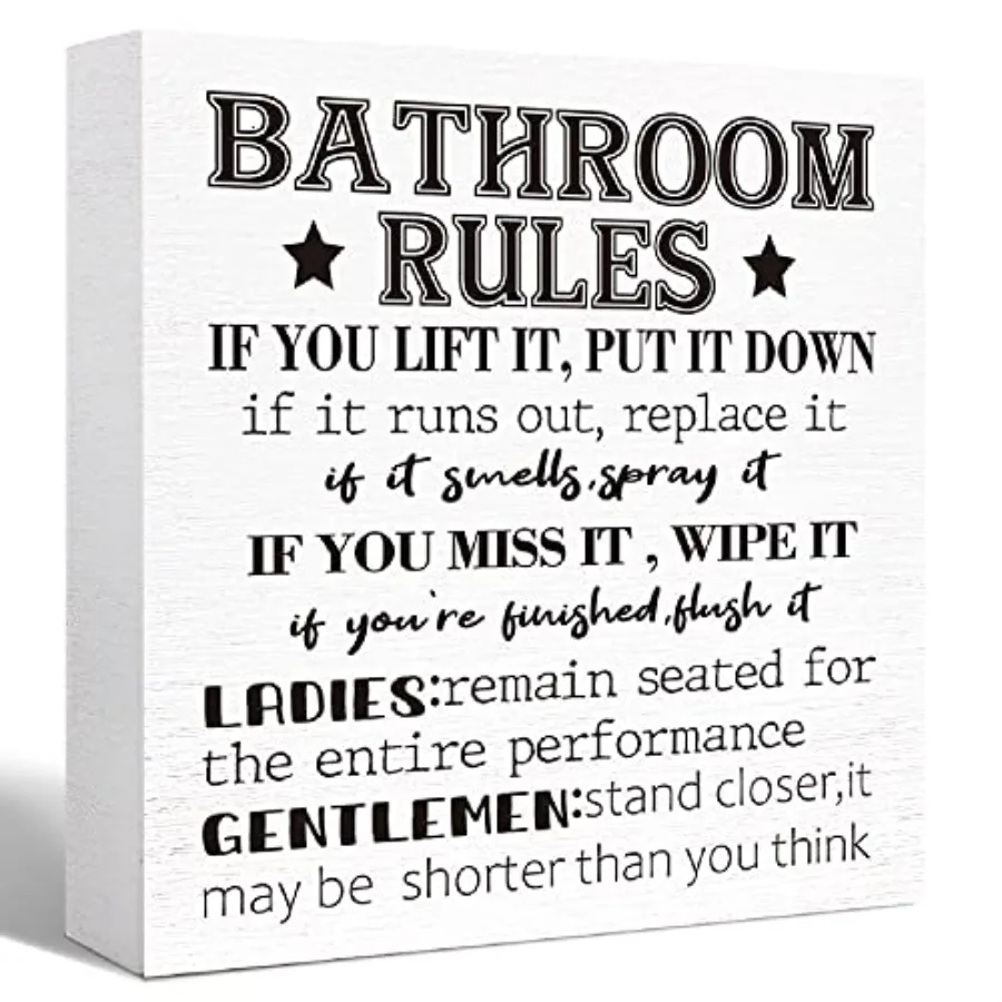 Bathroom Rules Sign Wood Block, Funny Bathroom Signs Wooden Box for Shelf Washroom Toilet Restroom Shelves Decor 5"L x 5"W x 1.
Bathroom Rules Sign Wood Block, Funny Bathroom Signs Wooden Box for Shelf Washroom Toilet Restroom Shelves Decor 5"L x 5"W x 1.