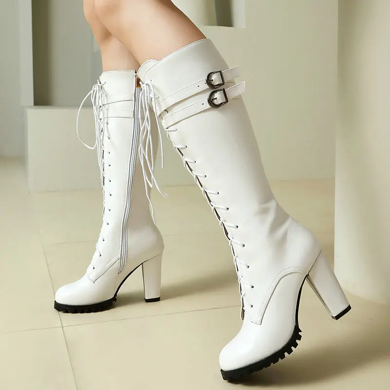 Women's Chunky Heel Knee High Riding Boots Black White Gothic Buckle Decorate Lace-Up Thigh High Boots Motorcycle Booties
Women's Chunky Heel Knee High Riding Boots Black White Gothic Buckle Decorate Lace-Up Thigh High Boots Motorcycle Booties