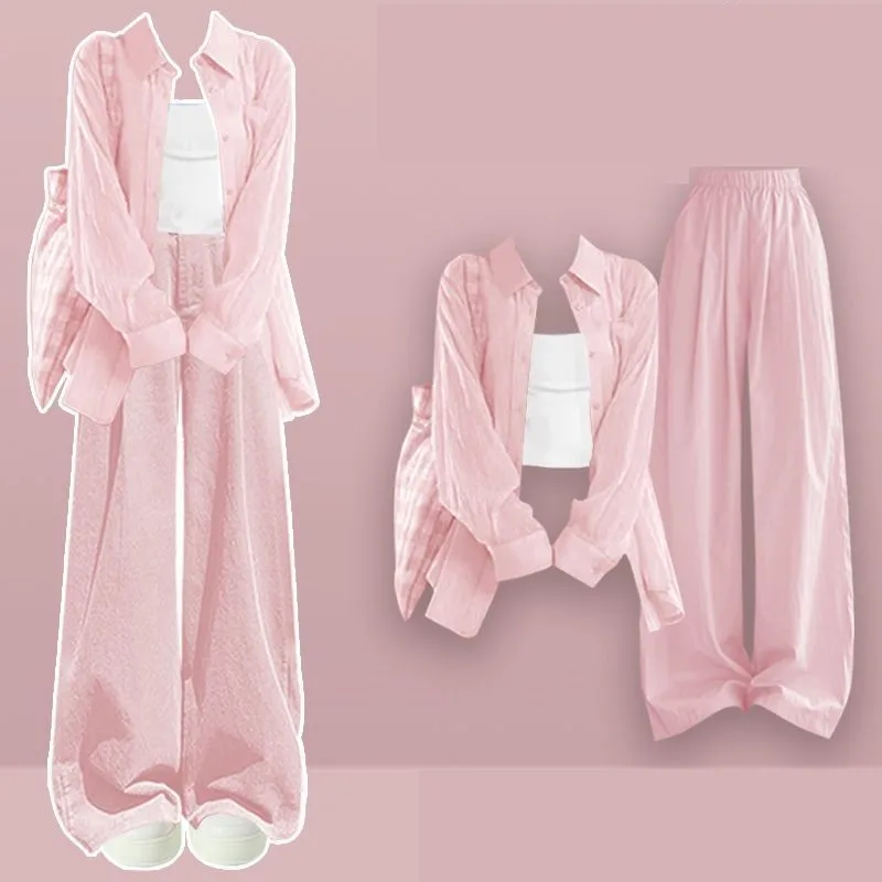 2025 Summer New Korean Elegant Tracksuit Matching Set Women's Fashion Sunscreen Shirt+Strap+Casual Wide Leg Pants 3-Piece Suit
2025 Summer New Korean Elegant Tracksuit Matching Set Women's Fashion Sunscreen Shirt+Strap+Casual Wide Leg Pants 3-Piece Suit