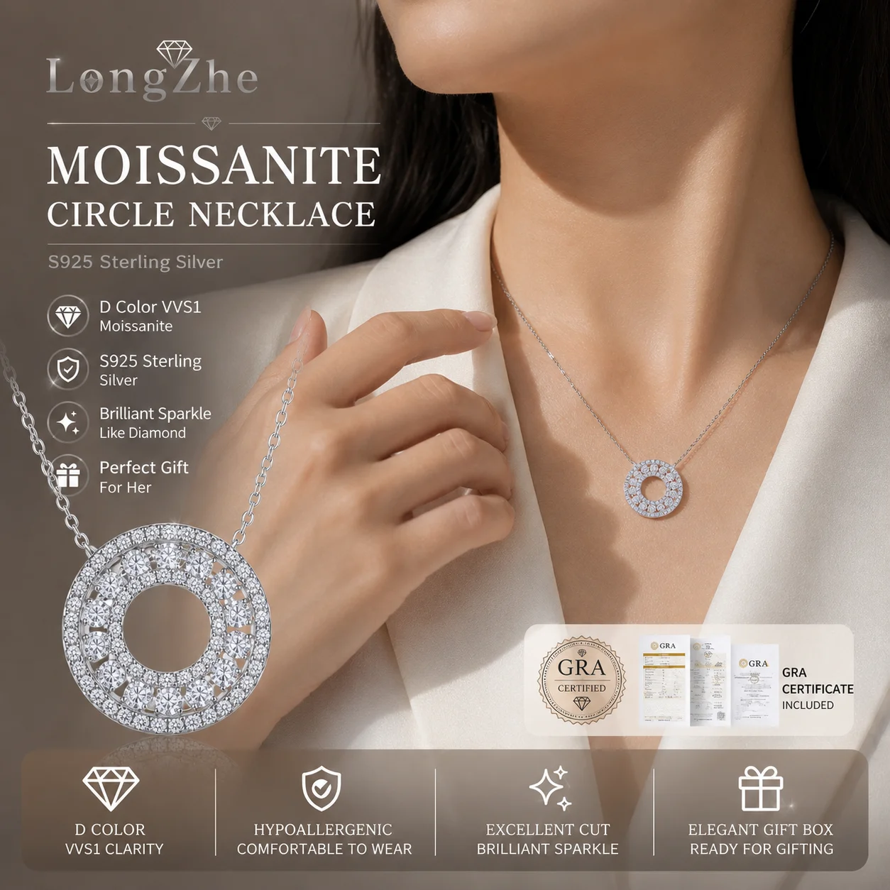 Moissanite Circle Necklace S925 Silver Hollow Round Pendant 40+5cm Adjustable Chain With GRA Certificate Gift Box Women Jewelry
Moissanite Circle Necklace S925 Silver Hollow Round Pendant 40+5cm Adjustable Chain With GRA Certificate Gift Box Women Jewelry