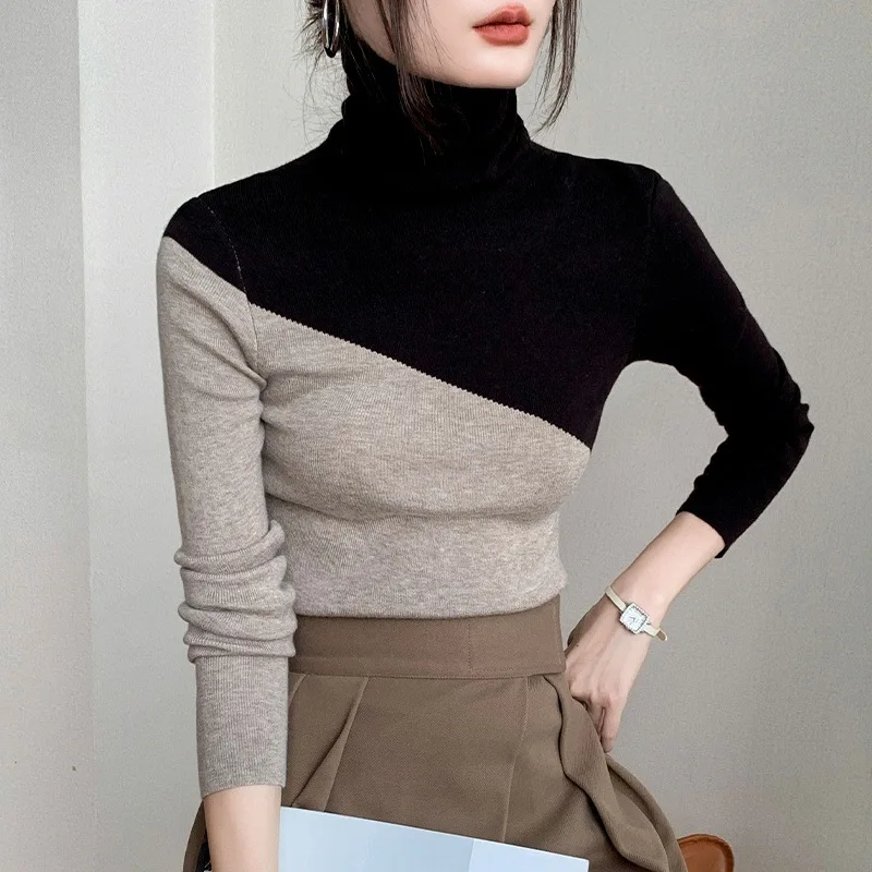Women's High Collar Patchwork Long Sleeve Knitted Sweater Winter Warm Slim Fit Base Shirt Elegant Style Soft Fabric Daily Wear
Women's High Collar Patchwork Long Sleeve Knitted Sweater Winter Warm Slim Fit Base Shirt Elegant Style Soft Fabric Daily Wear