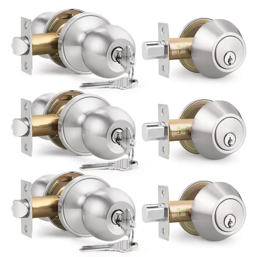 Pack Keyed Entry Door Knob and Single Cylinder Deadbolt Combination Set in Satin Nickel, Exterior Door Knob with Deadbolt, Keyed
Pack Keyed Entry Door Knob and Single Cylinder Deadbolt Combination Set in Satin Nickel, Exterior Door Knob with Deadbolt, Keyed