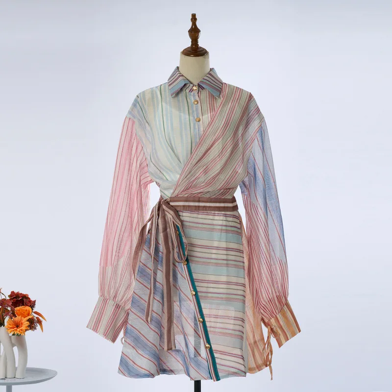 Faionable Silk Linen Stripe Patchwork Holiday Sle Collar Lantern Sve Holiday Dr High Waist Gown with Belt Long Sve
Faionable Silk Linen Stripe Patchwork Holiday Sle Collar Lantern Sve Holiday Dr High Waist Gown with Belt Long Sve