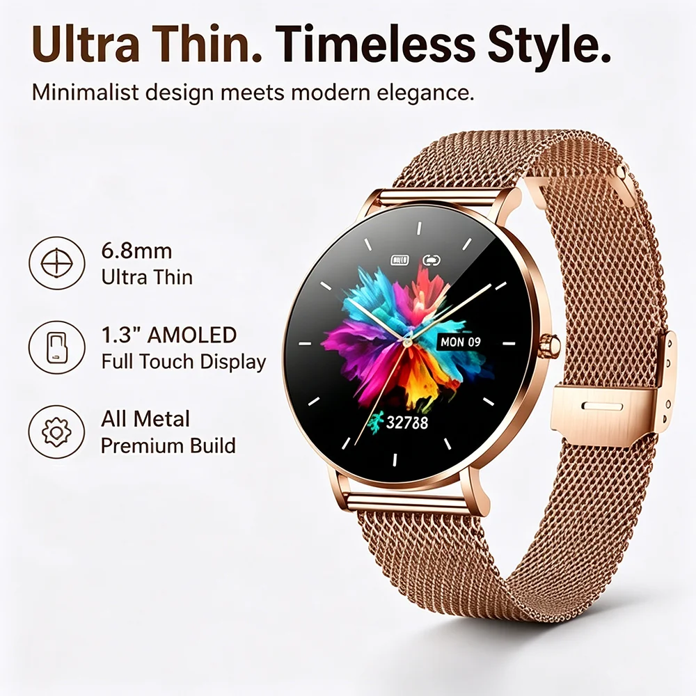 Ultra Thin AMOLED Smart Watch for Women Men Bluetooth Call Fitness Tracker Full Touch Metal Wristwatch Long Battery Life
Ultra Thin AMOLED Smart Watch for Women Men Bluetooth Call Fitness Tracker Full Touch Metal Wristwatch Long Battery Life