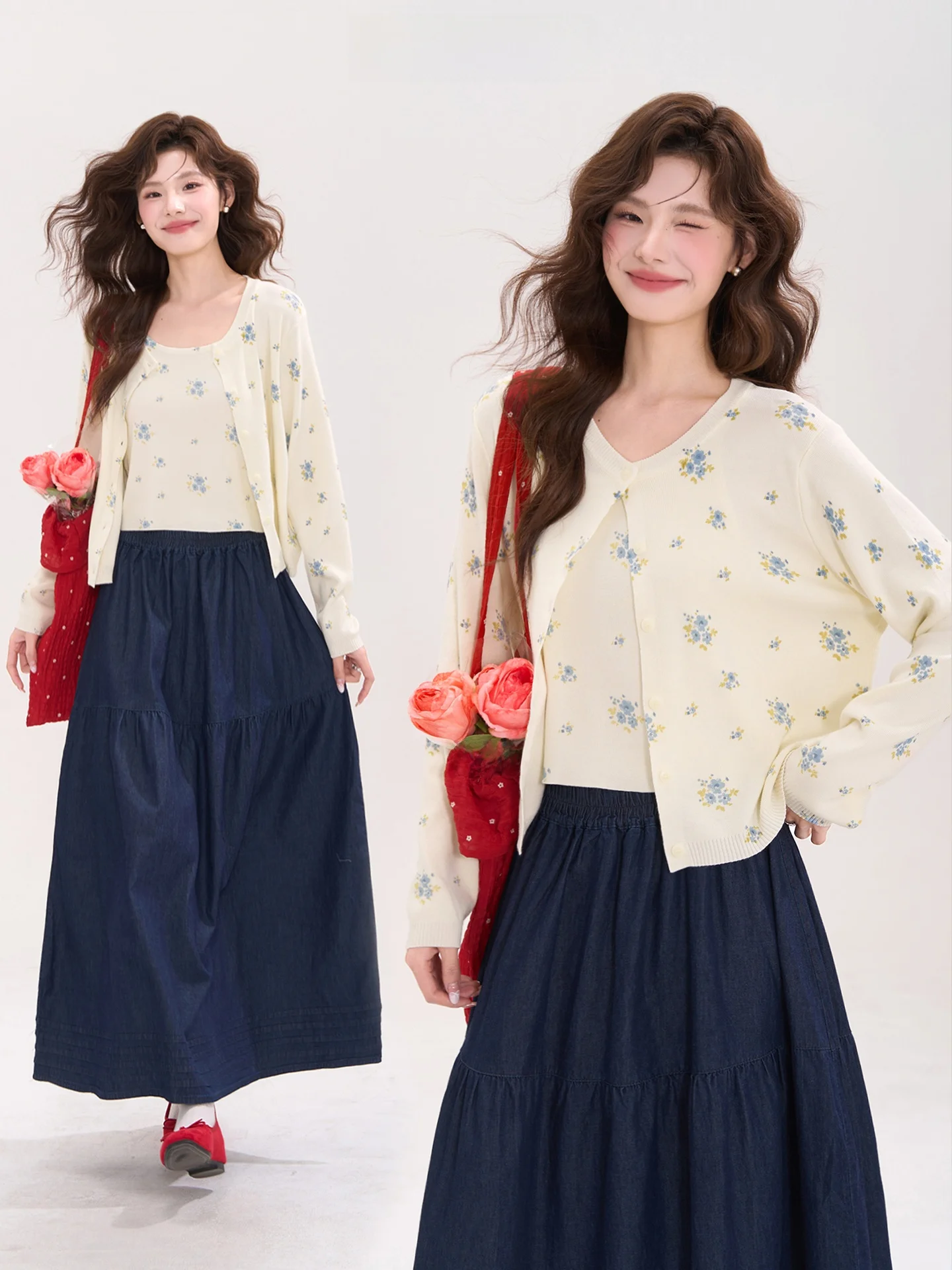 Floral Knitted Long Sve Open Cardigan Two-Piece Set Women's Korean Sle Spring Faion Gown with Saes V-Ne Button Detail
Floral Knitted Long Sve Open Cardigan Two-Piece Set Women's Korean Sle Spring Faion Gown with Saes V-Ne Button Detail