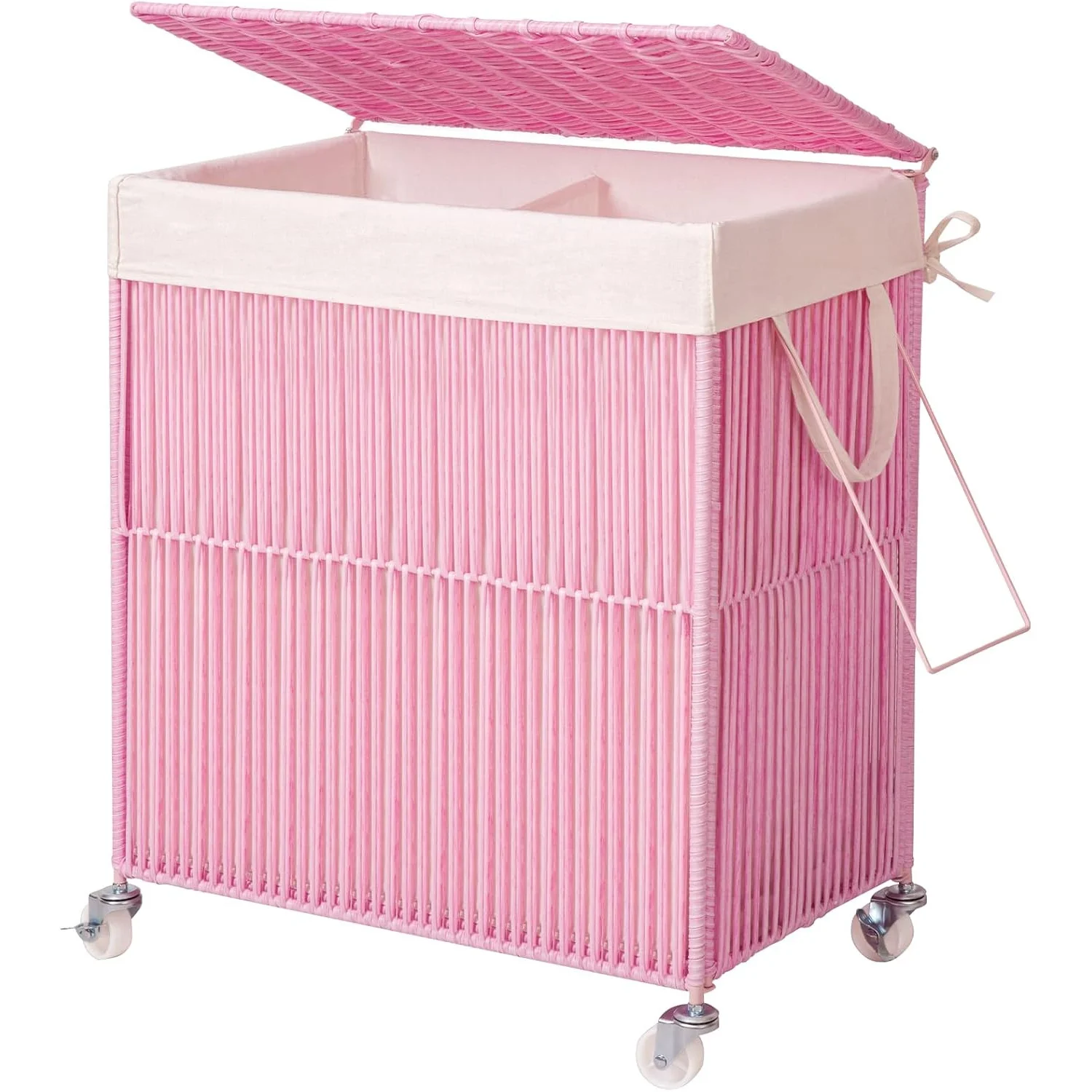 Handwoven Laundry Basket with Wheels | 30.38gal Large Capacity, Pink, with Lid, Dividers, and Removable Liner Bag
Handwoven Laundry Basket with Wheels | 30.38gal Large Capacity, Pink, with Lid, Dividers, and Removable Liner Bag