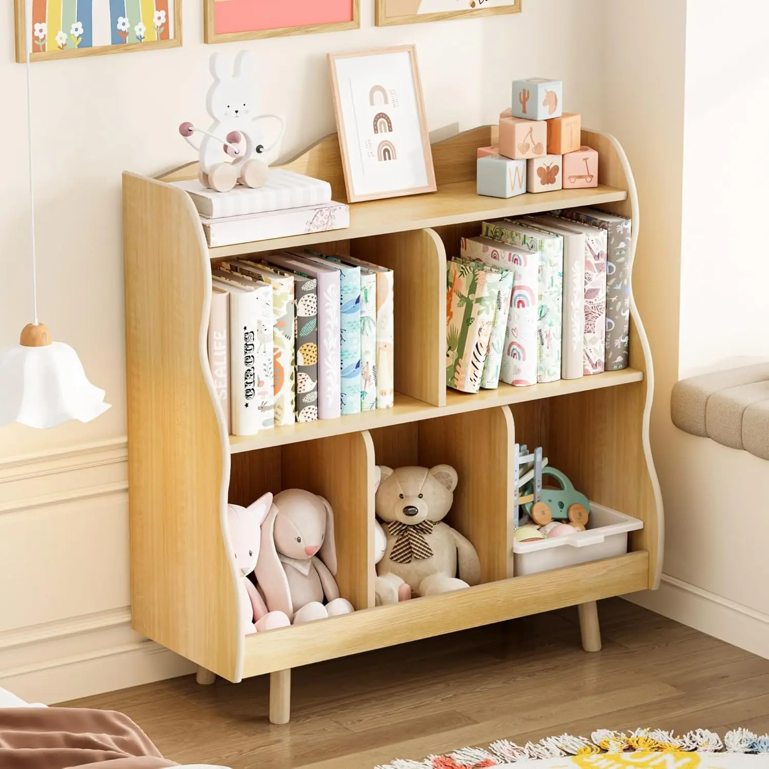Kids Bookshelf and Toy Storage Orangizer, 3-Tier Wooden Children's Bookcase with Curve Design, 5 Toy Storage Cabinet Display
Kids Bookshelf and Toy Storage Orangizer, 3-Tier Wooden Children's Bookcase with Curve Design, 5 Toy Storage Cabinet Display
