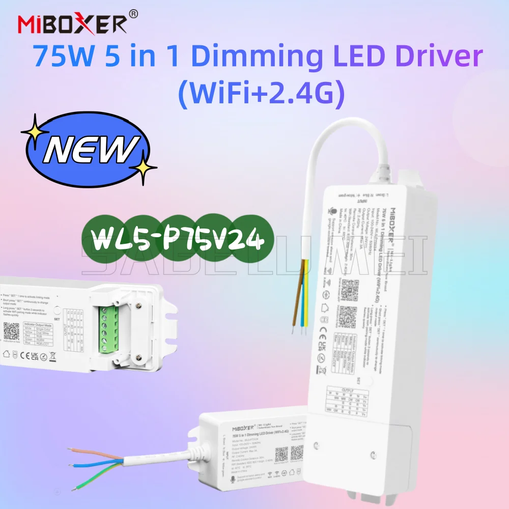 Умный диммер MiBoxer 75 Вт WL5-P75V24 5 в 1 Tuya со встроенным драйвером Wi-Fi + 2,4G для переключения 5 режимов выхода через одной кнопку светодиодной ленты
Умный диммер MiBoxer 75 Вт WL5-P75V24 5 в 1 Tuya со встроенным драйвером Wi-Fi + 2,4G для переключения 5 режимов выхода через одной кнопку светодиодной ленты