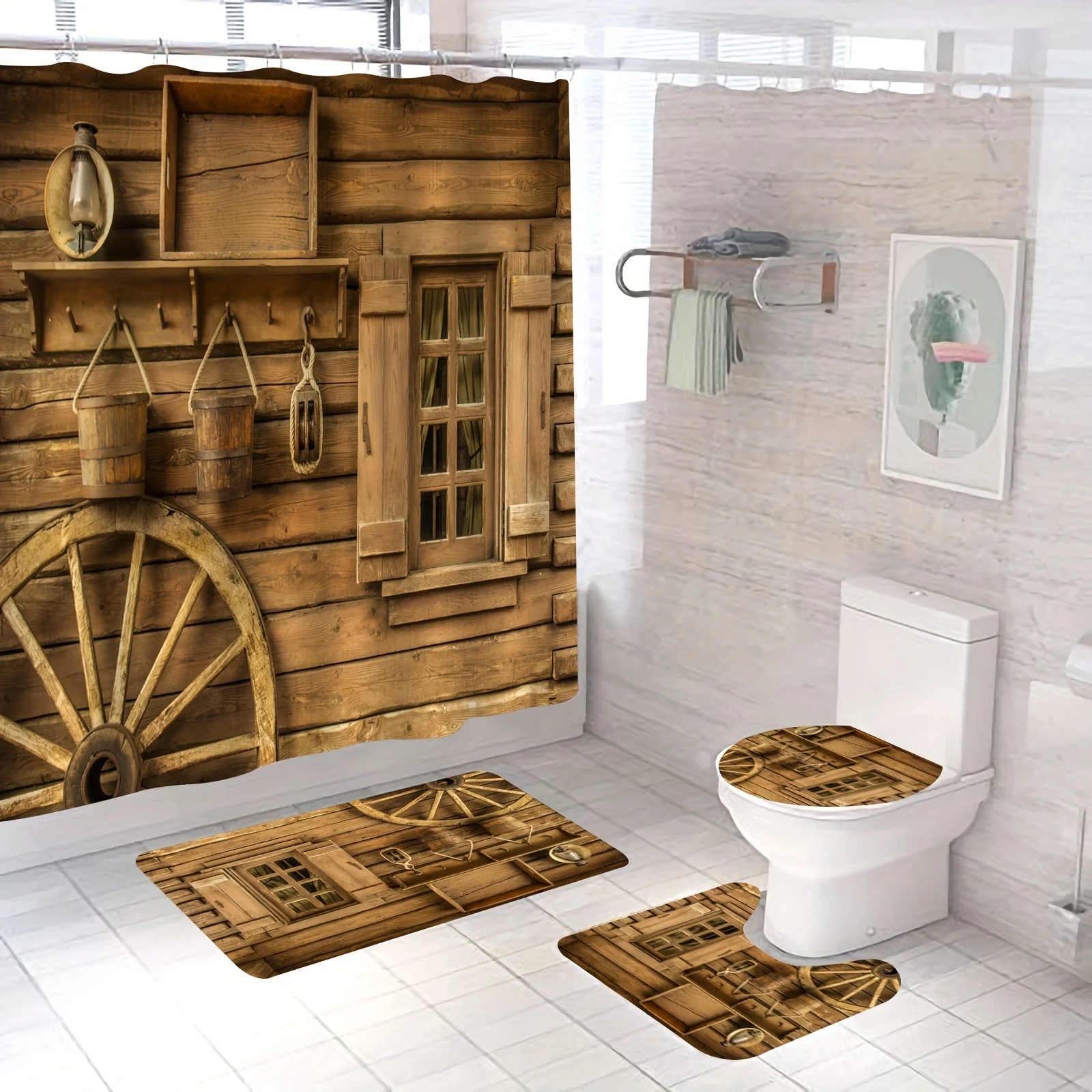 Cozy Rustic Wooden Cabin in Forest Bathroom Set - Waterproof Shower Curtain, Toilet Lid Cover, Bath Mat, and Contour Mat
Cozy Rustic Wooden Cabin in Forest Bathroom Set - Waterproof Shower Curtain, Toilet Lid Cover, Bath Mat, and Contour Mat