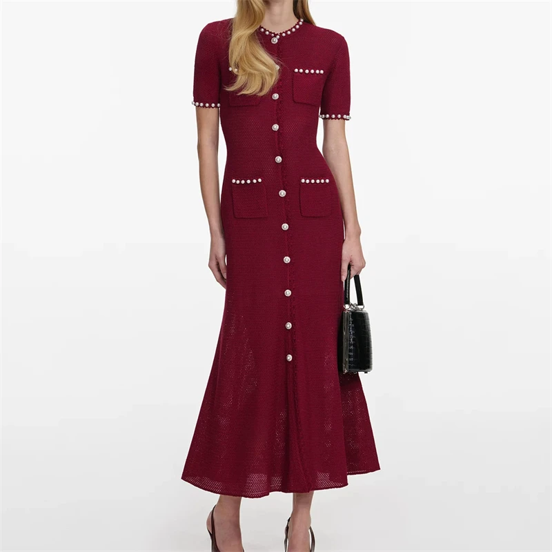 Luxury Women's round Neck Short Sleeve Knitted Dress Heavy Bead Detail Elegant Long Evening Dress High-Quality Summer New
Luxury Women's round Neck Short Sleeve Knitted Dress Heavy Bead Detail Elegant Long Evening Dress High-Quality Summer New